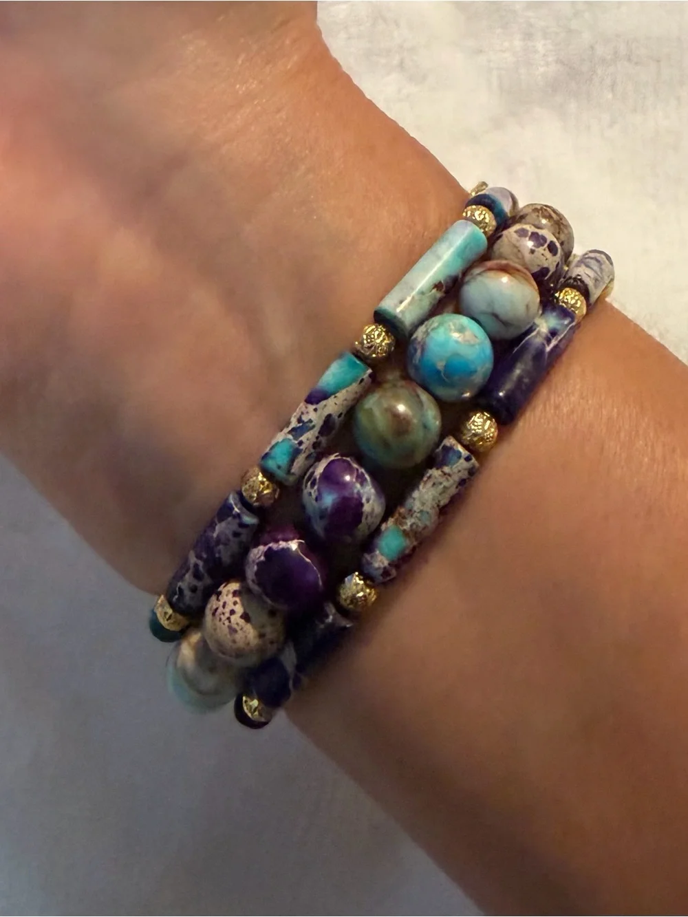 Cape Diablo Purple and Turquoise Triple-Strand Beaded Bracelet with Gold Accents